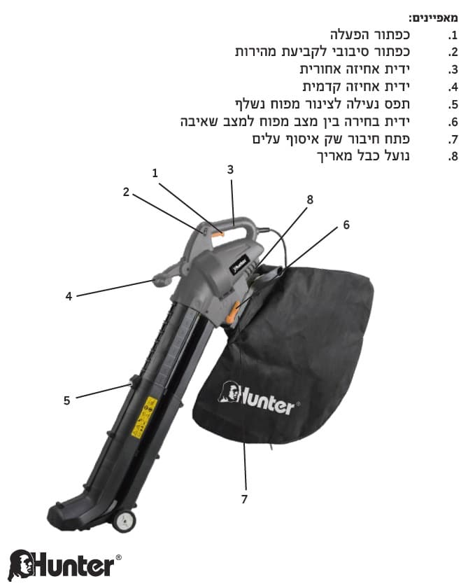 מפוח אויר נישא שואב ונושב 600W ּכולל שק איסוף HUNTER מקט : 103002-001