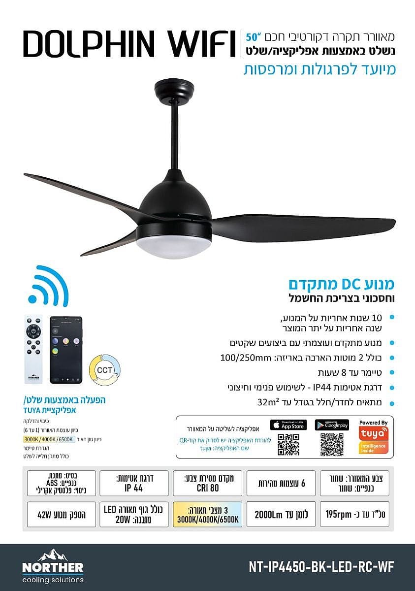 מאוורר תקרה לפרגולה דגם דולפין שחור עם תאורה WIFI ושלט