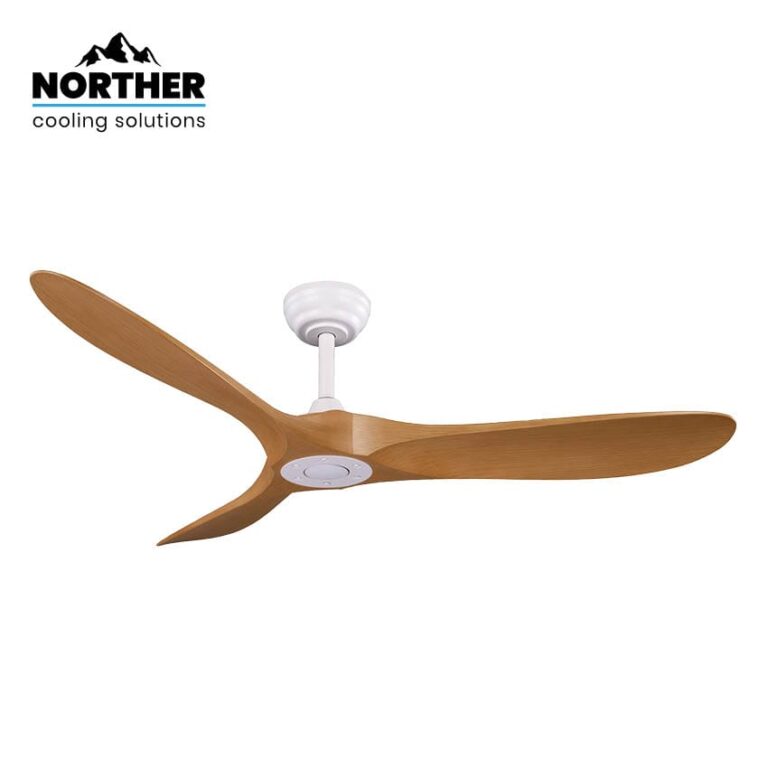 מאוורר תקרה Norther YORK 52″ לבן/עץ טיק | מנוע DC שקט | שלט | ללא תאורה - פטיש ומסמר