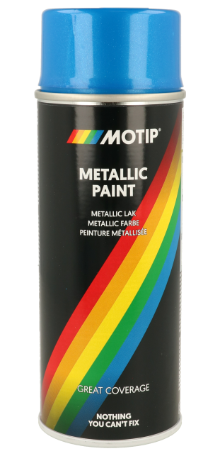 ספריי צבע מטלי שחור MOTIP דגם 10584 בנפח 400 מ"ל, צבע אקרילי מהיר יבוש עמיד לשריטות ומזג אוויר, מתאים לעץ מתכת ופלסטיק עם גימור מבריק ואפקט מטלי מרשים