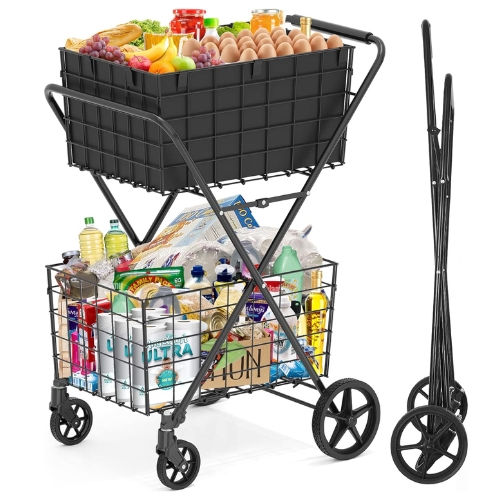 עגלת קניות מתקפלת כפולה BASE – שתי קומות וגלגלים קדמיים מסתובבים - פטיש ומסמר